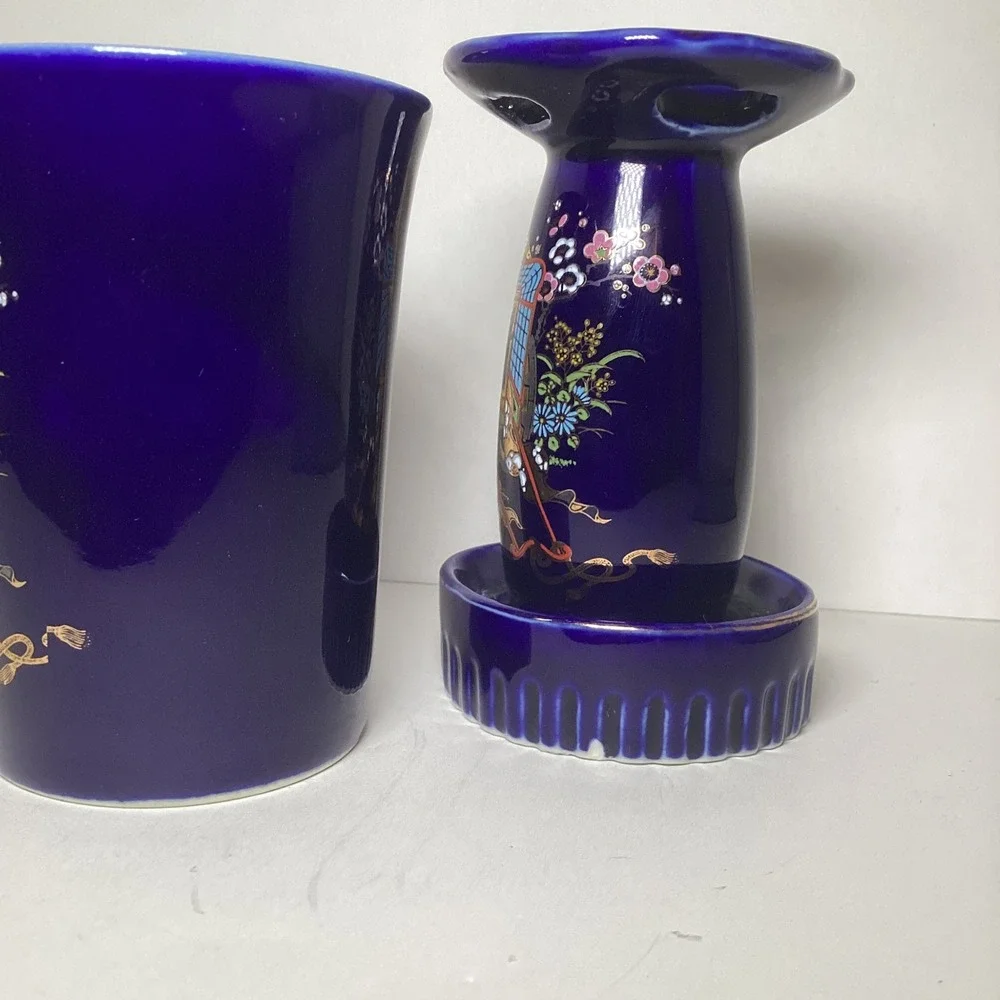 Vintage Cobalt Blue Japanese Porcelain Vanity Set Rickshaw Floral Tumbler Holder